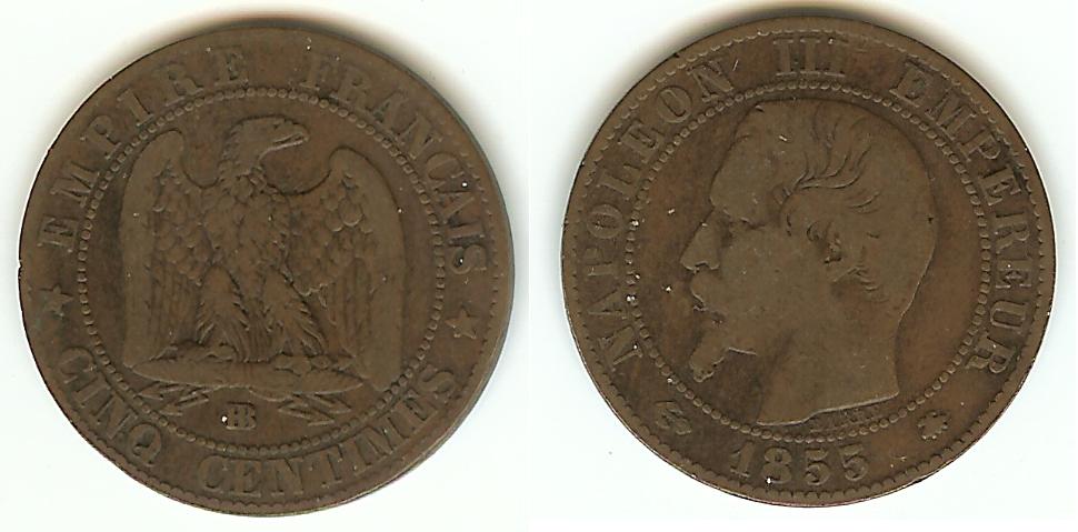 Cinq centimes Napoléon III, tête nue 1855 Strasbourg